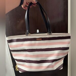 Kate Spade pink and brown stripe vinyl totebag/laptop bag. A small scuff